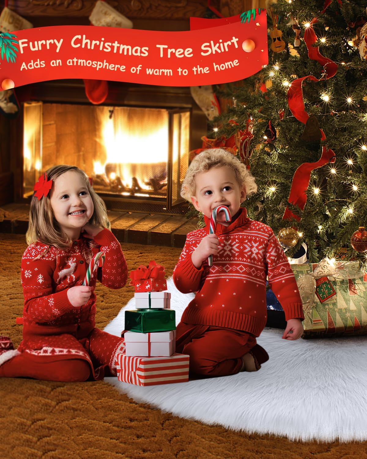 COOLWUFAN 48 Inches Christmas Tree Skirt for Xmas Tree Holiday Party Decorations White Plush (White)