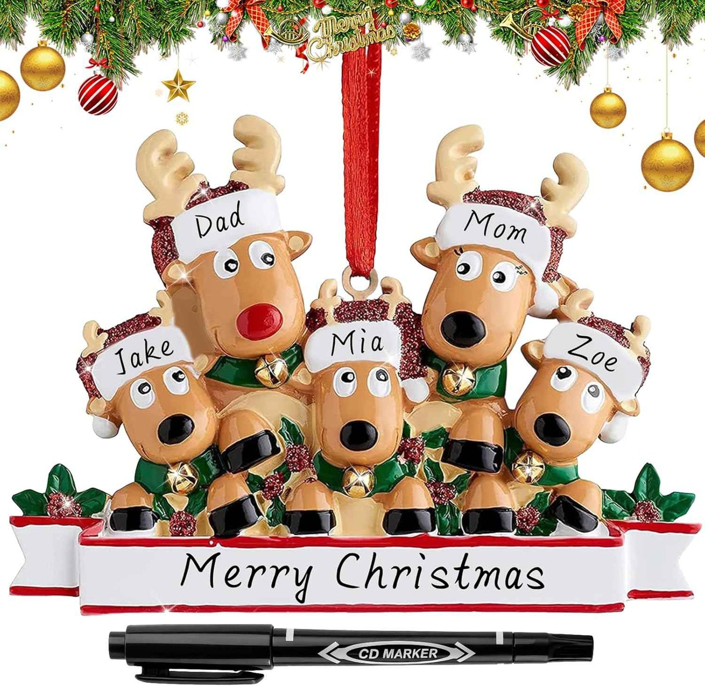 Personalized Deer Christmas Ornaments 2025 Family of 2,3,4,5,6, Custom Engraved Names & Year, Custom Polyresin Hanging Reindeer Ornament for Xmas Tree Decoration Holiday Family Decor Gifts