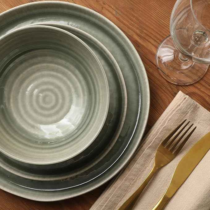 Gibson Elite Eclipse Swirls Plates and Bowls Sets, 12-Piece Stoneware Dinnerware Sets, Reactive Glaze Dish Set - Green