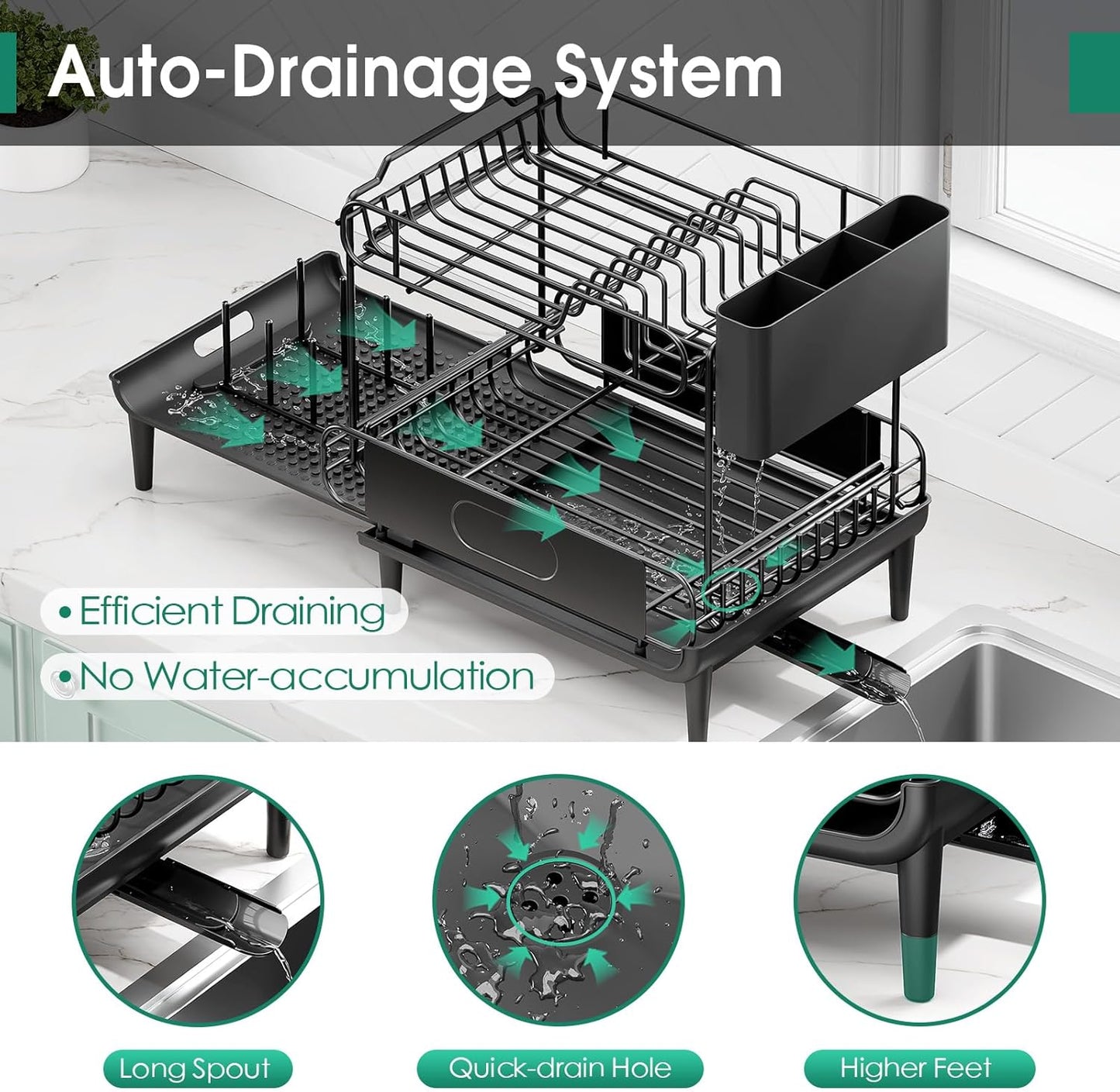 Urackify Dish Drying Rack for Kitchen Counter, Expandable 2 Tier Dish Rack, Large Capacity Dish Drainer with Drainboard Multifunctional Dish Strainer with Removable Cutlery Holder Black