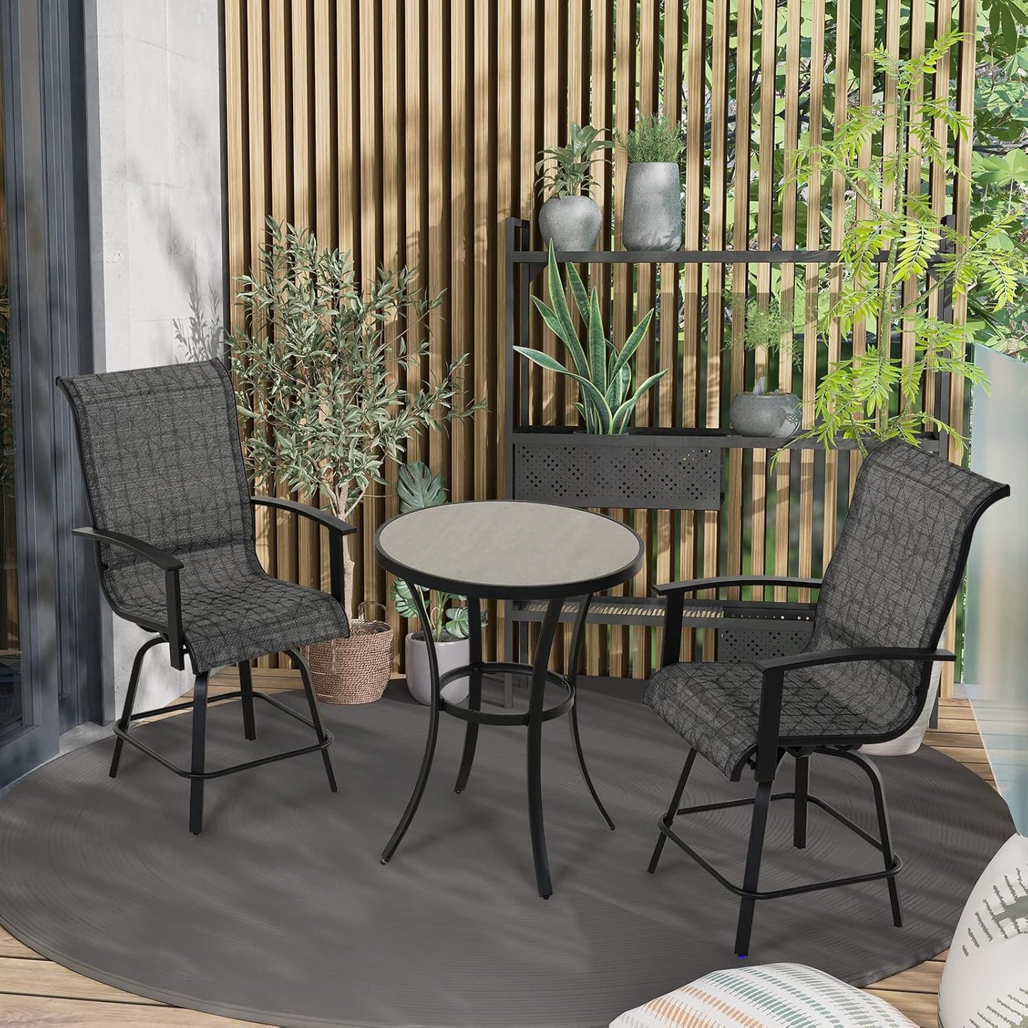 Grand patio 3 Piece Counter Height Patio Bar Set, Modern Round Bar Table and Swivel Bar Stools for Outdoor Kitchen Bistro Small Space Restaurant (Black&Grey Plaid, 3PC)