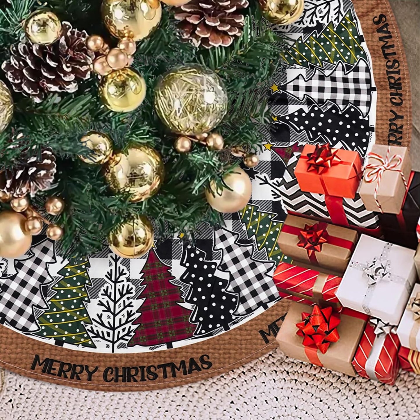 Christmas Tree Skirt 36 Inch, Black and White Buffalo Plaid Xmas Tree Skirts, Winter Christmas Trees Mat for Home Party Holiday Indoor Outdoor Decorations