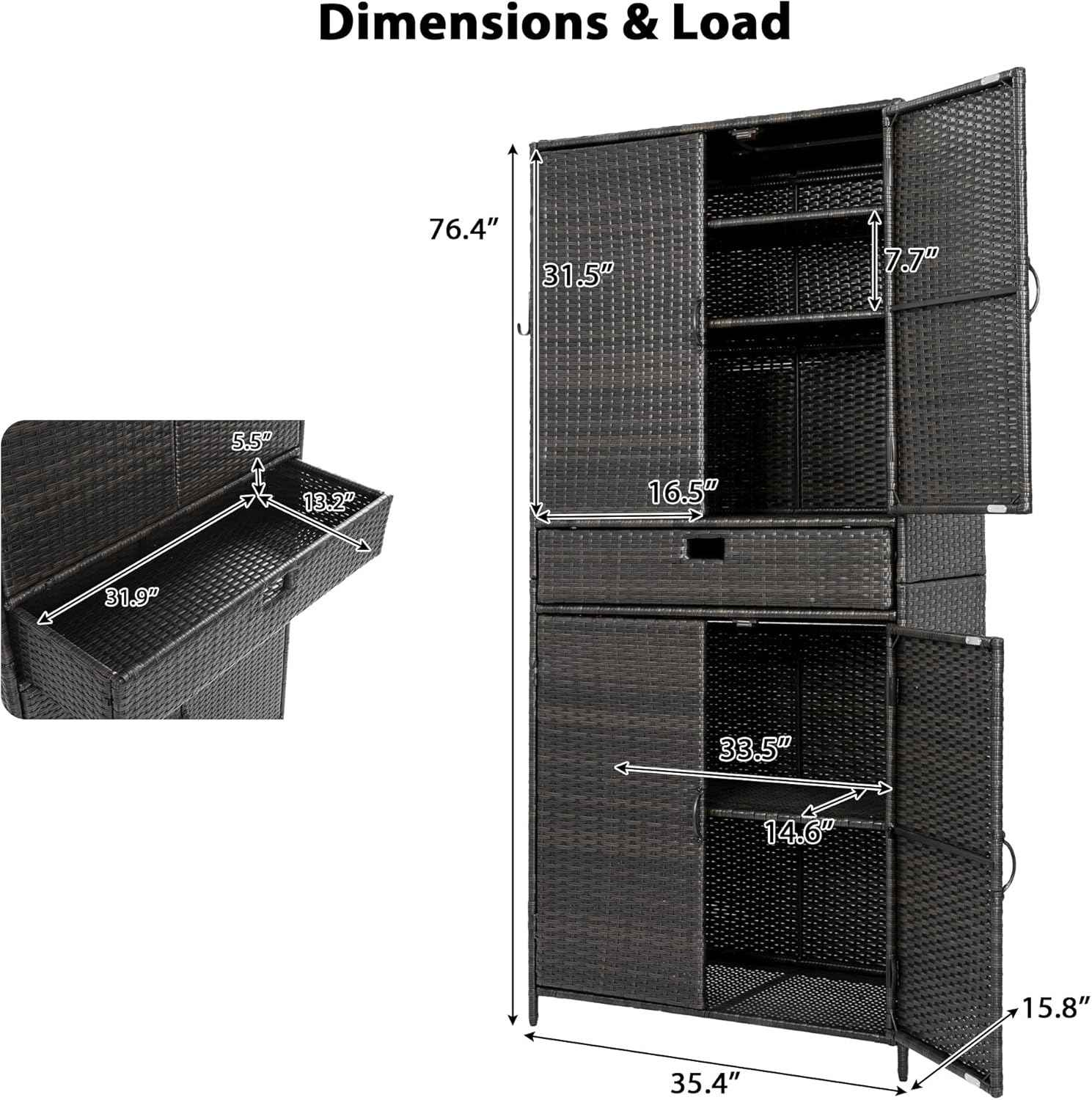 Wicker Outdoor Storage Cabinet - Rattan Pool Towel Storage Cabinet with Adjustable Shelves and Drawer, Brown+Black Tall Patio Cabinets Organizer with Doors for Garden, Backyard, Poolside