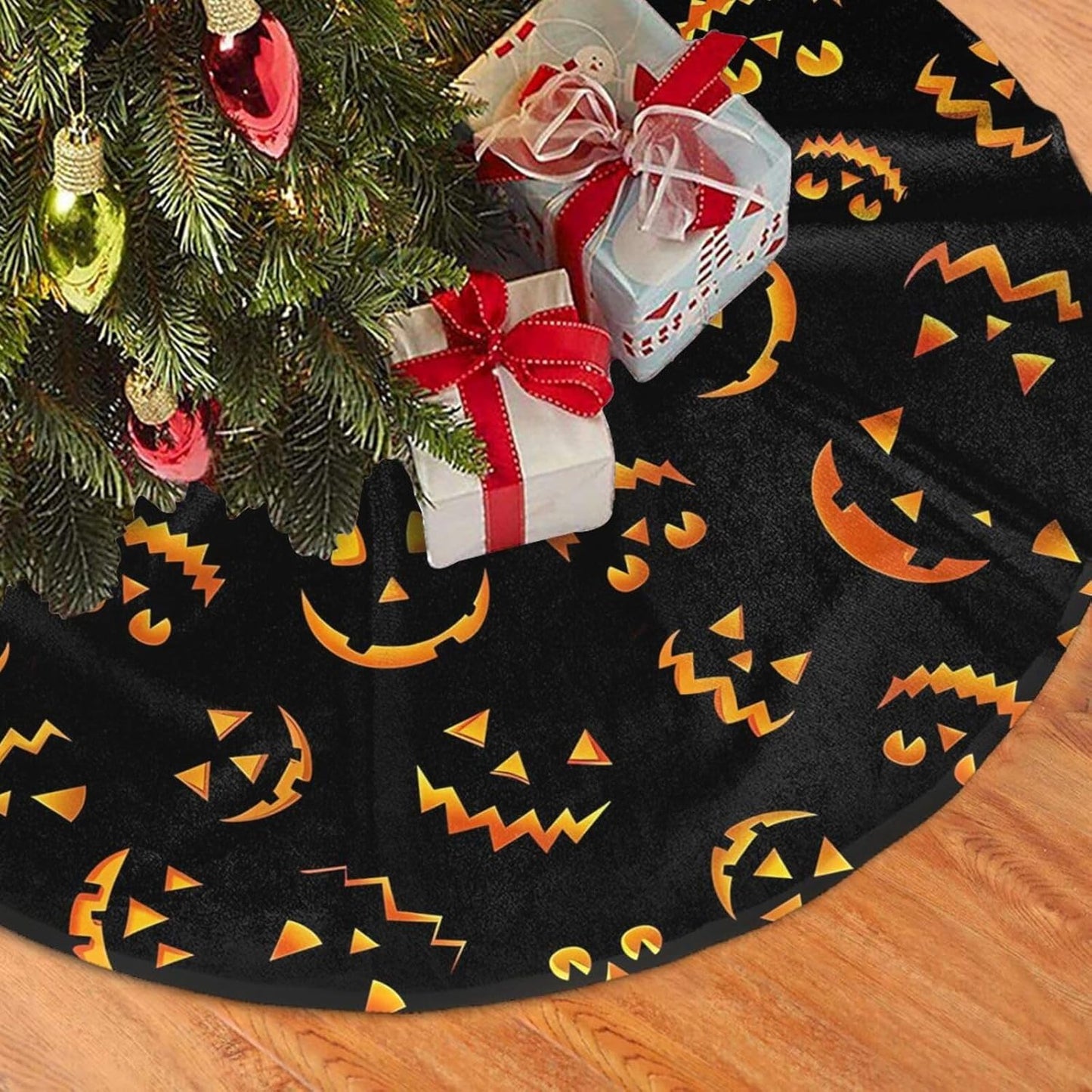 Christmas Tree Skirt,Jack O Lantern Pumpkin Smiles Xmas Tree Skirt Rustic Farmhouse Tree Skirt for Christmas Decor Xmas Holiday Home Party Decorations36