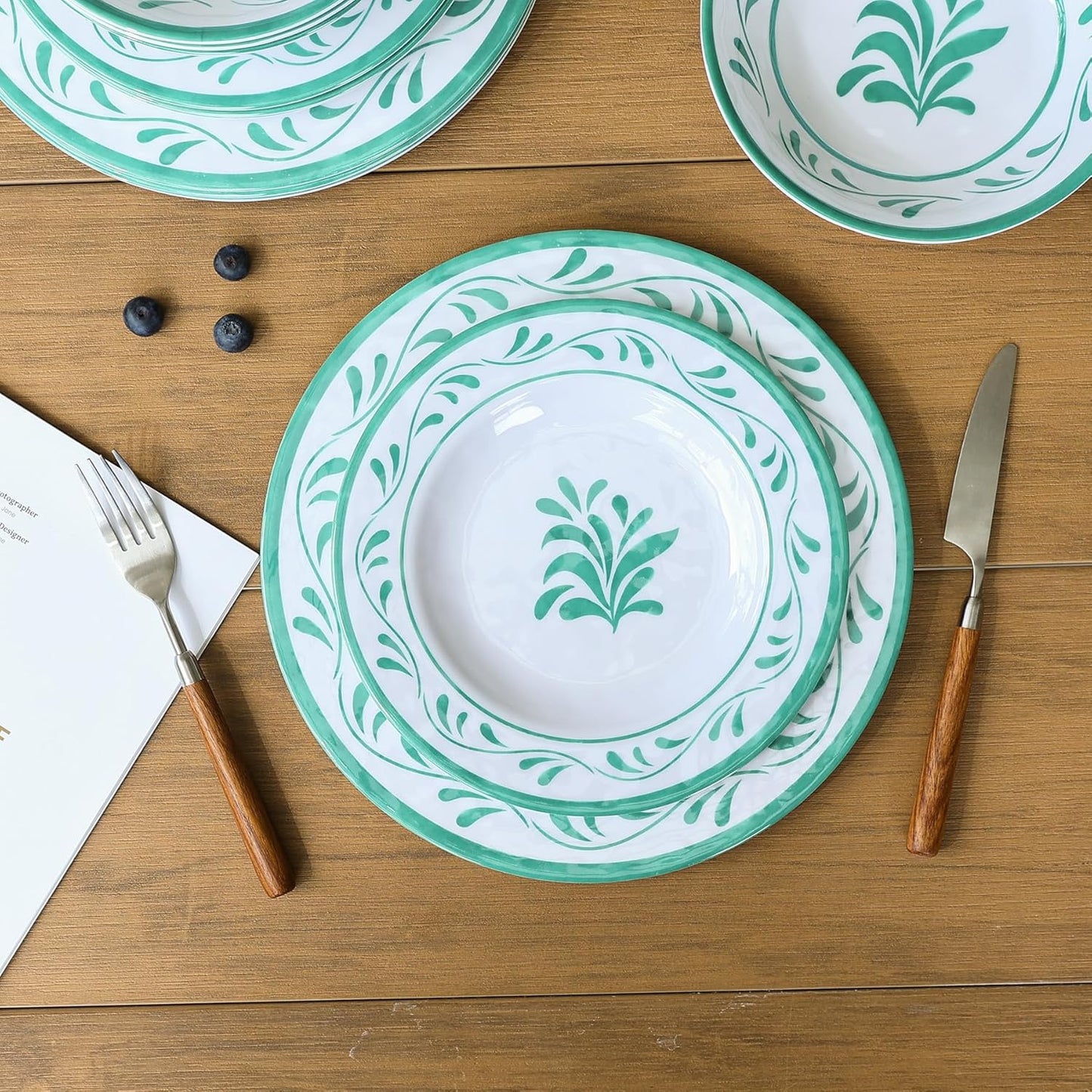 Melamine Dinnerware Sets 12 Pcs, Melamine Plates and Bowls,Party Plates and Bowls Sets, Camping Dishes Set for 4, Unbreakable, BPA Free, Dishwasher Safe （Green water drop flower）