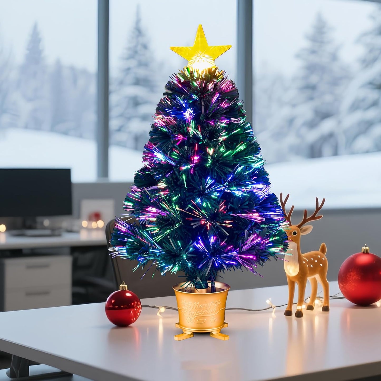 YUETJIN 24inch Pre-lit Mini Fiber Optic Tabletop Artificial Christmas Tree，Small Xmas Tree with Stars Decorations-Gold