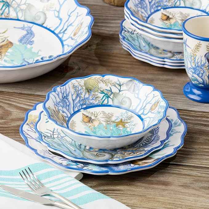 Blue Lagoon Melamine 12-Piece Dinnerware Set – Coastal Coral and Shell Design, Service for 4 – 11" Dinner Plates, 9" Salad Plates, and 28oz Bowls – Durable, Lightweight, BPA-Free, Dishwasher SafE