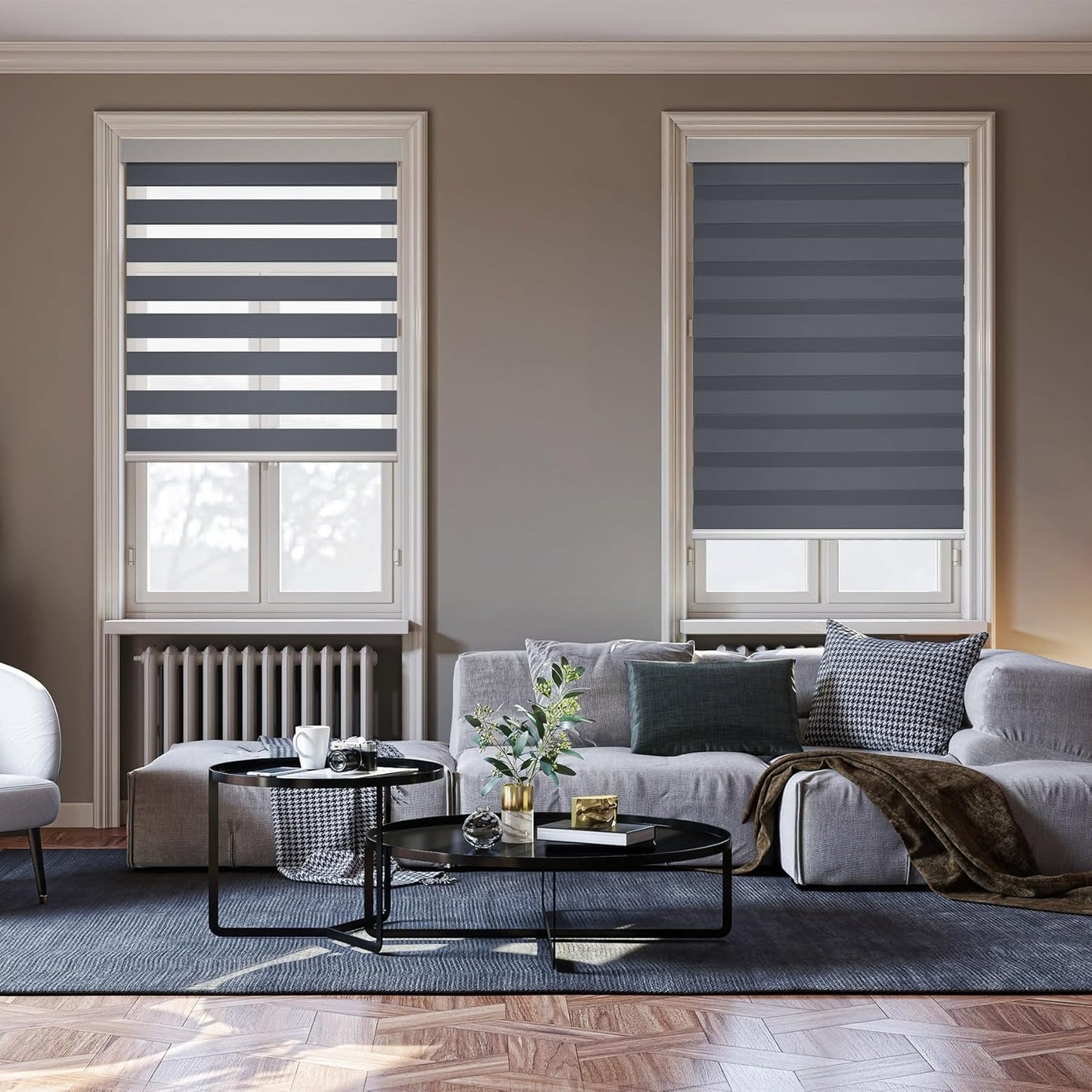 HESTIA Cordless Zebra Blinds Light Filtering Roller Shades UV Blocking Blackout Privacy Indoor Window Blind for Home Office Day and Night, Blue Grey,45" W x 60" H