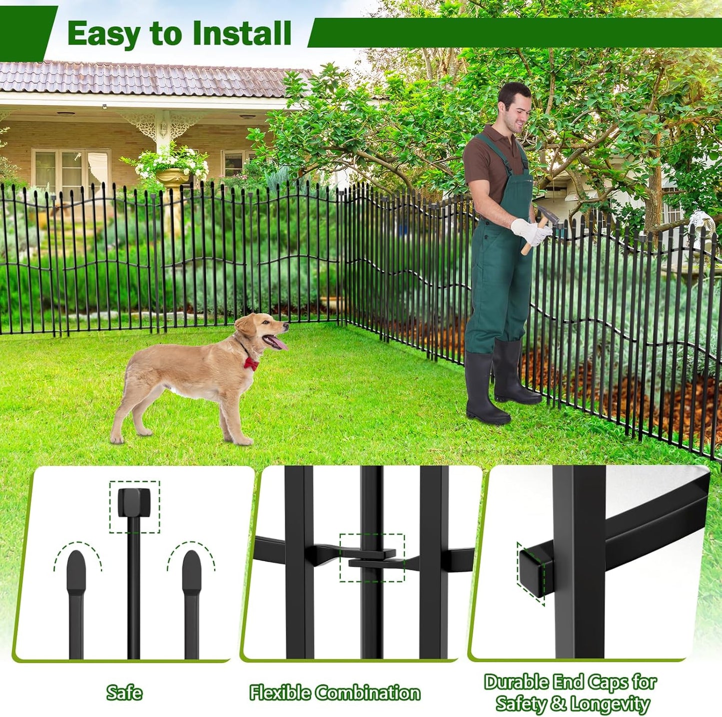 Tall No Dig Decorative Garden Fence with Gate - 5 Panels 40in H x 11.25ft L, Heavy-Duty Square Tube Animal Barrier, Rustproof Outdoor Dog Fence for Yard & Patio