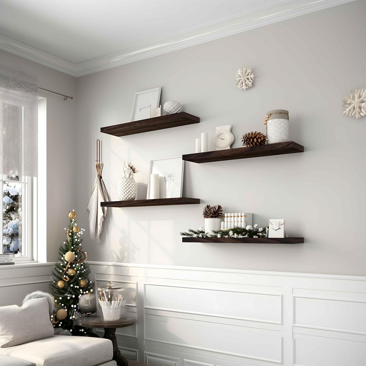 Wood Floating Shelves for Wall Decor, Rustic Wall Shelves for Bedroom Bathroom Kitchen Living Room, Set of 4 Walnut 24 Inch