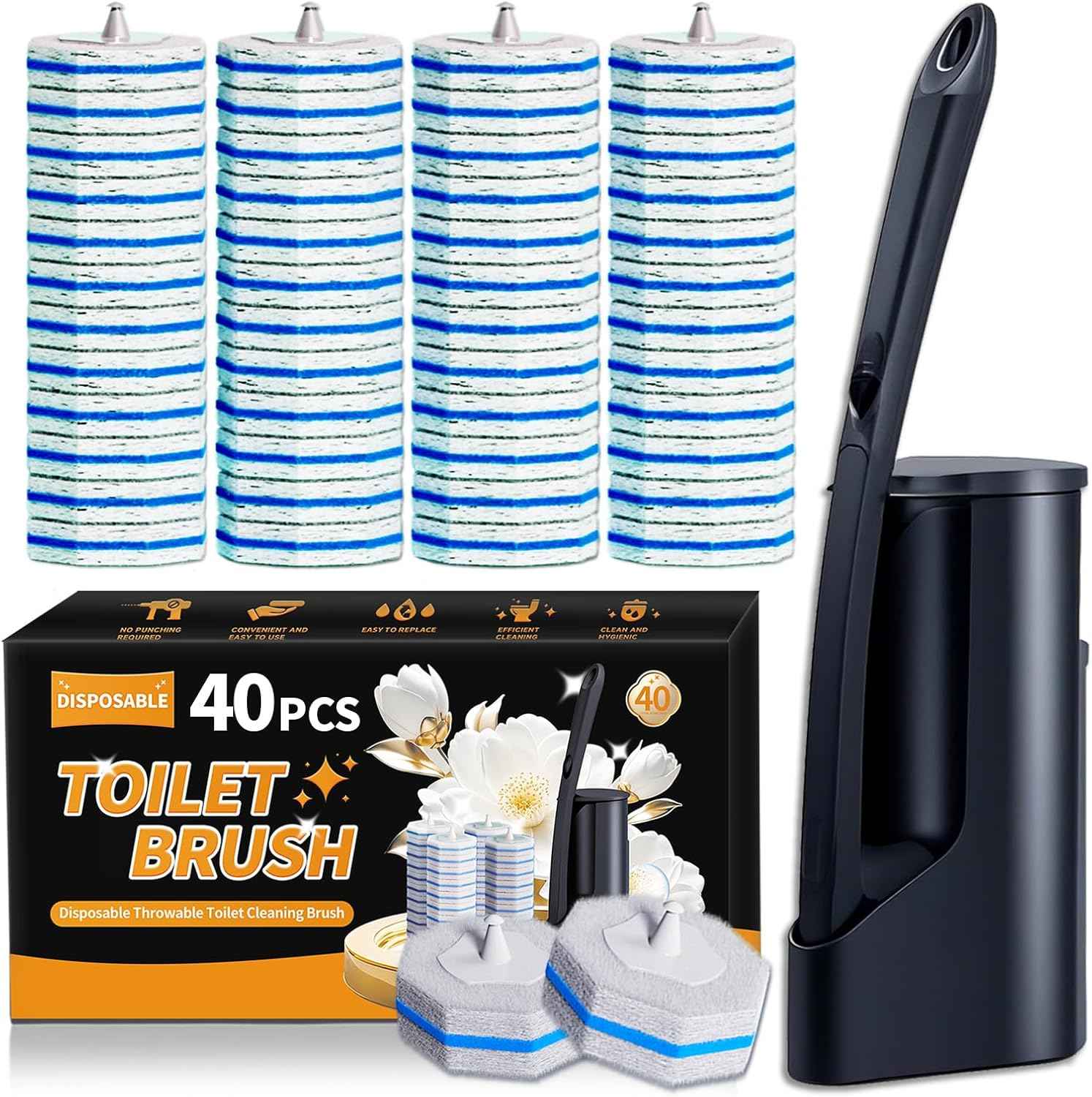 Disposable Toilet Brush - Toilet Bowl Cleaner, Toilet Cleaning Supplies, Toilet Brush with Holder, Toilet Bowl Cleaner Wands，40 Refills for Toilet Cleaning and Hygienic Bathroom Maintenance