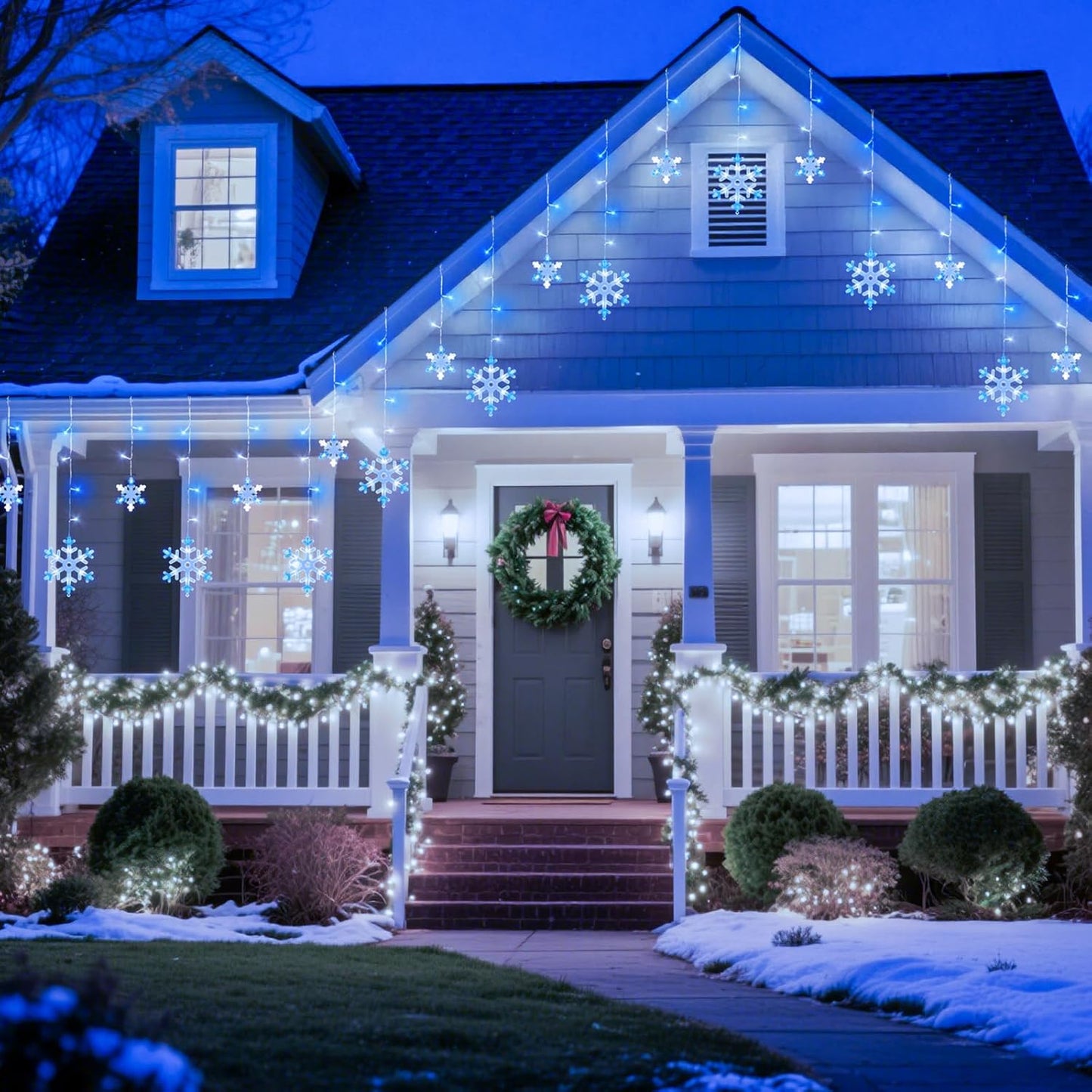 13 Ft 192 LED Snowflake Christmas Icicle Lights with 16 Drops, 8 Modes and Timer, IP65 Waterproof Connectable for Indoor Outdoor House Window, Blue and White
