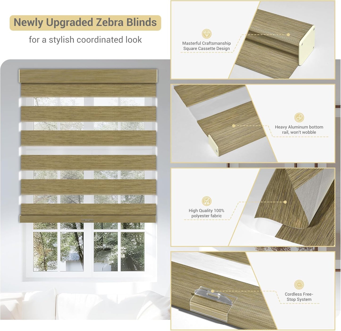 Cordless Zebra Blinds for Windows, Blackout Interior Blinds,Easy to Install,UV Protection,for Offices and Home,Custom Roller Shades, Mousse Light Bown,69" W x 64" H