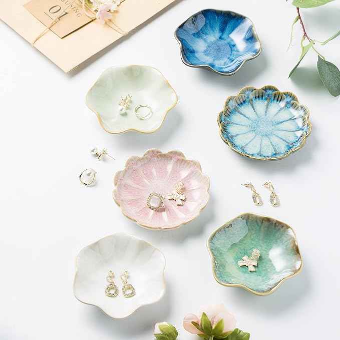 Jewelry Dish Tray, Ring Dish, Ceramic Trinket Tray, Key Bowl, Decorative Plate, for Friends Sisters Daughter Mother (Retro Blue)
