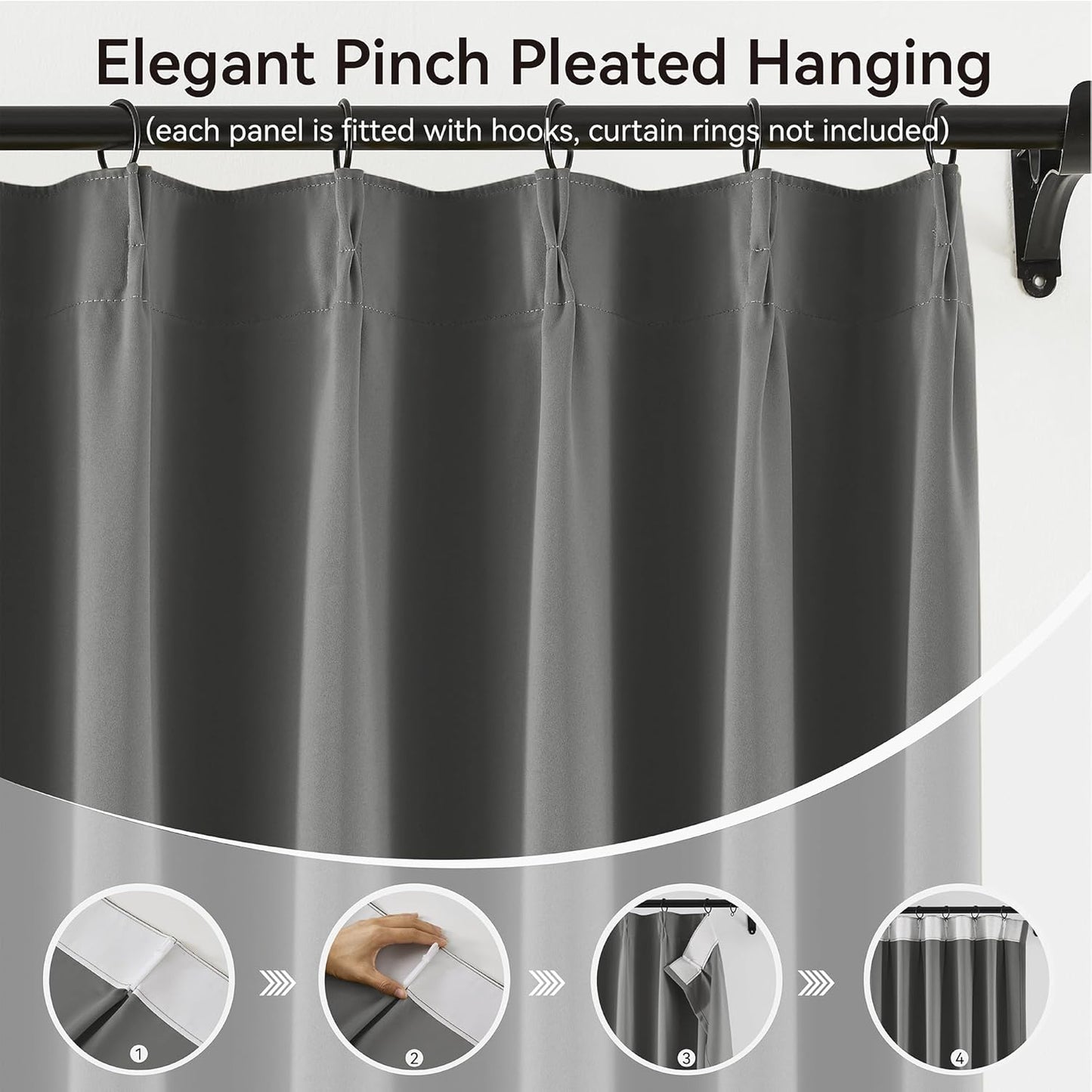 KangBang 102 Inch Gray Curtains Blackout Drapes for Living Room, Pinch Pleated Energy Saving Sound Reducing Polyester Memory Shape Custom Window Panels with Hooks(Grey Color,40Wx102L,2 Panels)