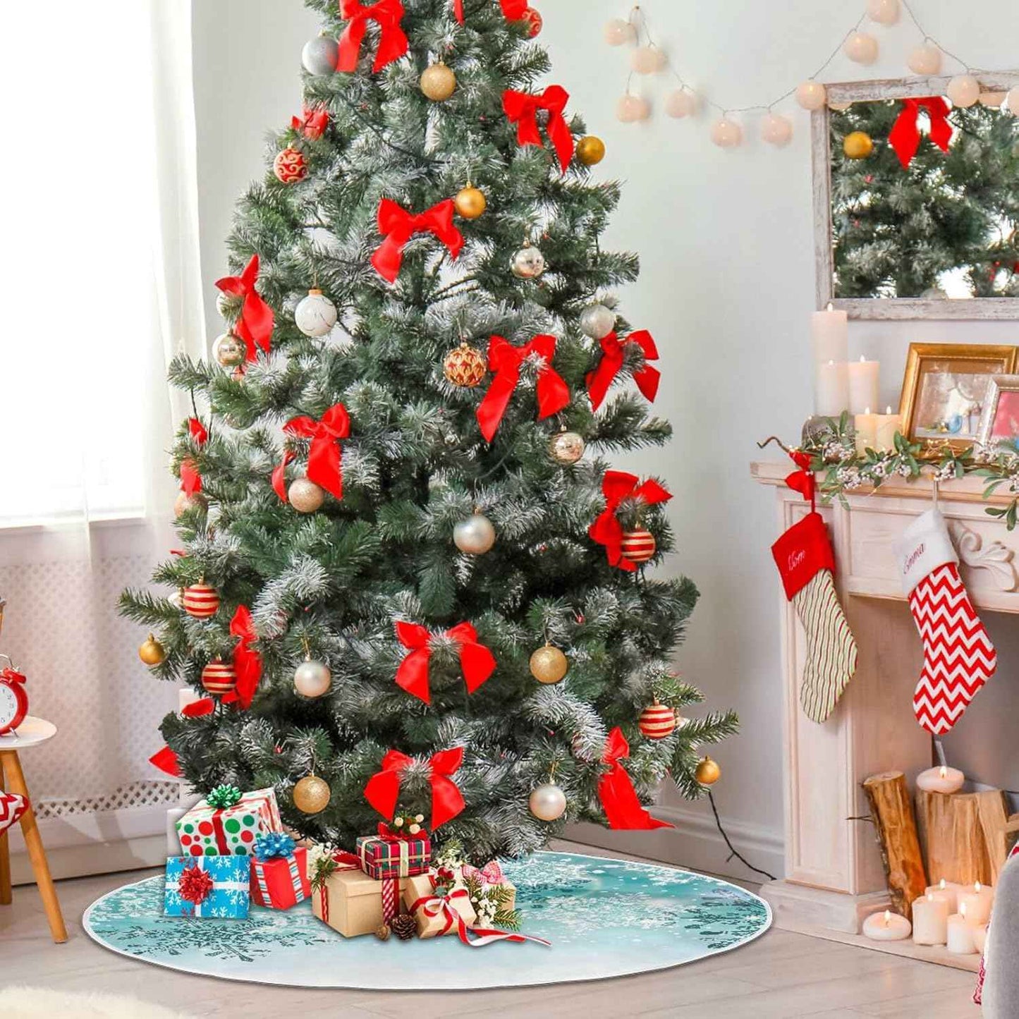 ALAZA Christmas Tree Skirt Decoration,Large Tree Skirt Ornament 47.2 Inch with Silver Winter Teal Turquoise Snowflakes Christmas for Christmas Party Holiday Home Decorations