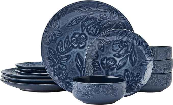 Paltzgraff Garden Elegance 12 Piece Floral Stoneware Dinnerware Plate Bowl Dish Set, Service for 4, Blue