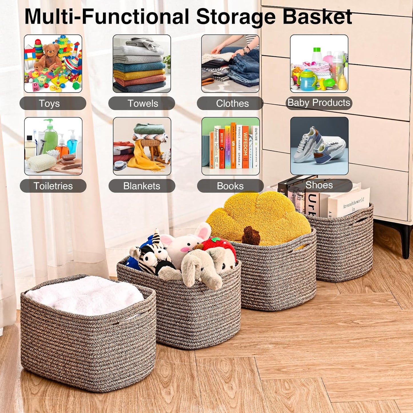 Storage Baskets for Shelves Organizing, Woven Cotton Rope Baskets for Storage, Book Basket, Decorative Shelf Basket, 12.5"Lx9.1''Wx7.9''H (4 Packs) Dark Brown