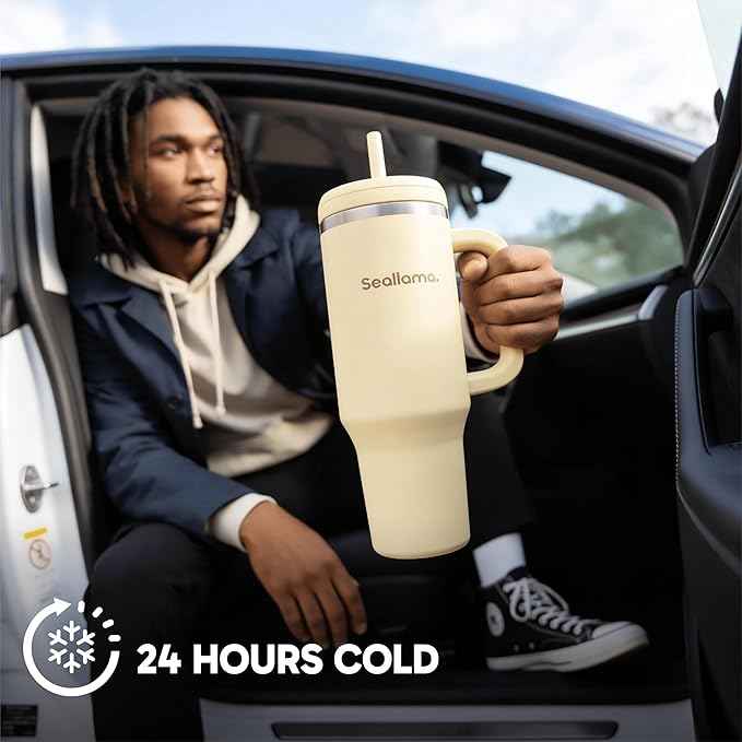 Seallama. Tumbler with Handle and Straw 40 oz | Cup Holder Compatible for Travel | Insulated Stainless Steel Cup | BPA-Free | (Lemon Haze)