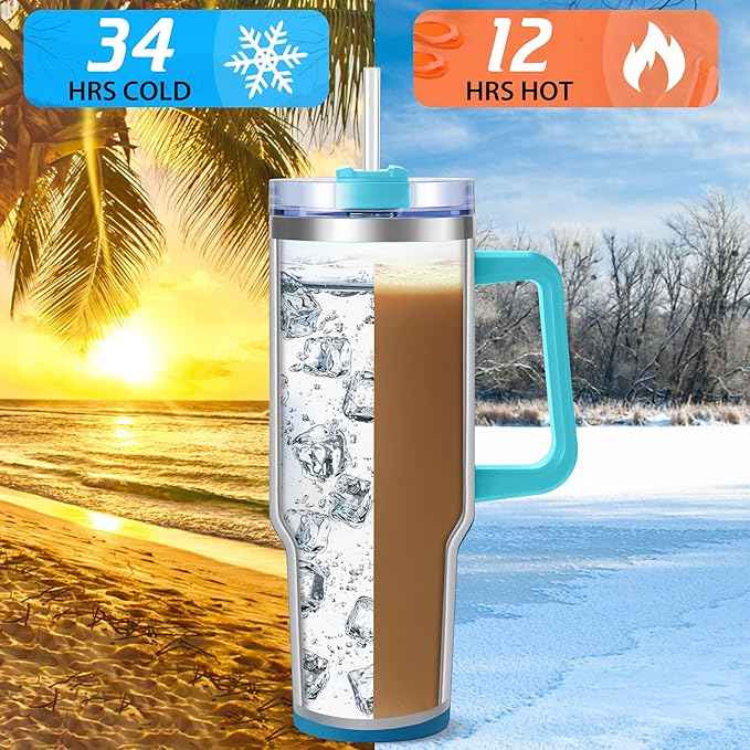 40 oz Tumbler with Handle | Stainless Steel Insulated Travel Mug Iced Coffee Cup with Lids and Straw | Keeps Drinks Cold for 34 Hours | Dishwasher Safe, BPA Free(Light & Deep Blue