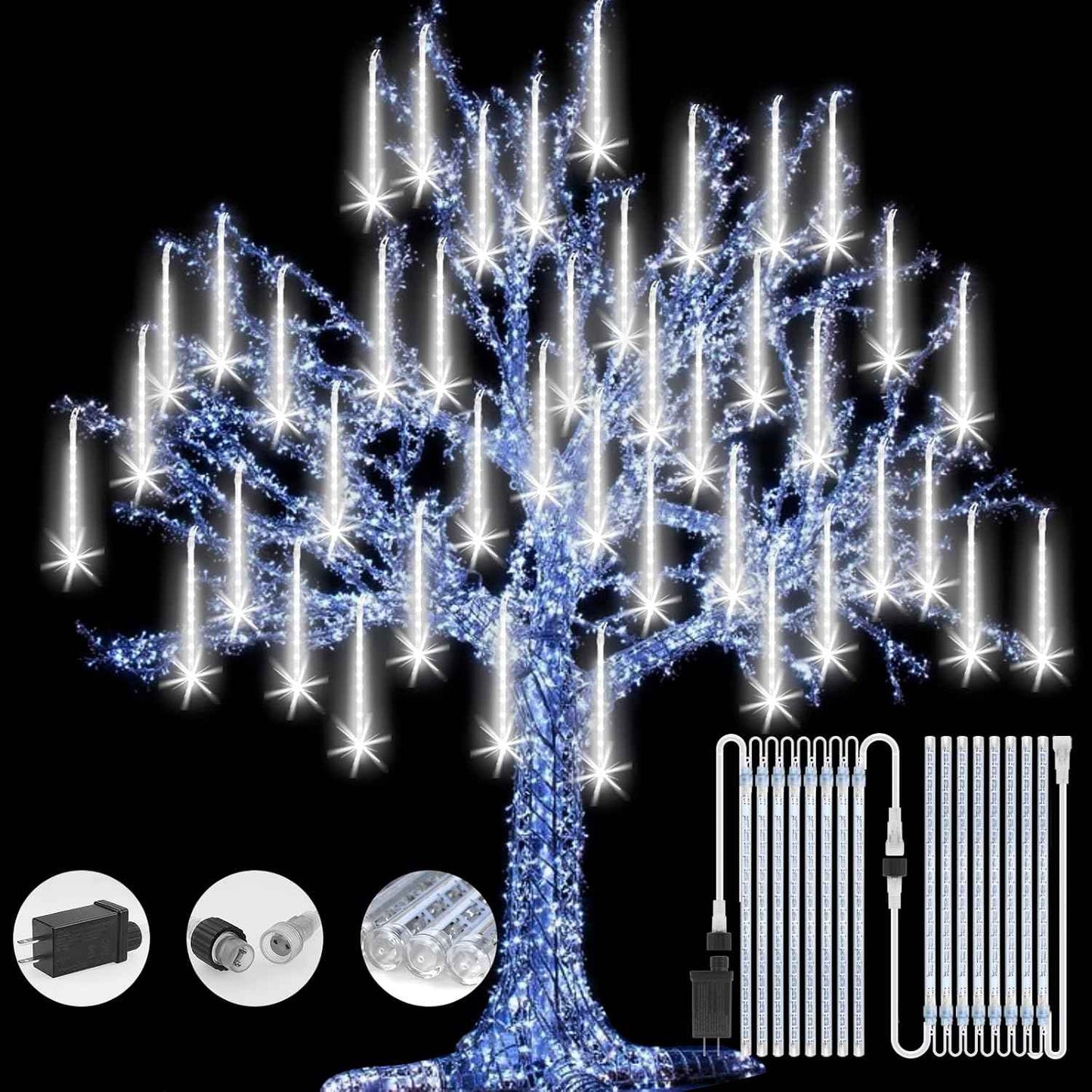 Meteor Shower Rain Lights with 16 Tubes 384 LEDs Waterproof Icicle Snow Fall String Lights for Party Tree Home Patio Outdoor Decoration (16 Tubes, White)