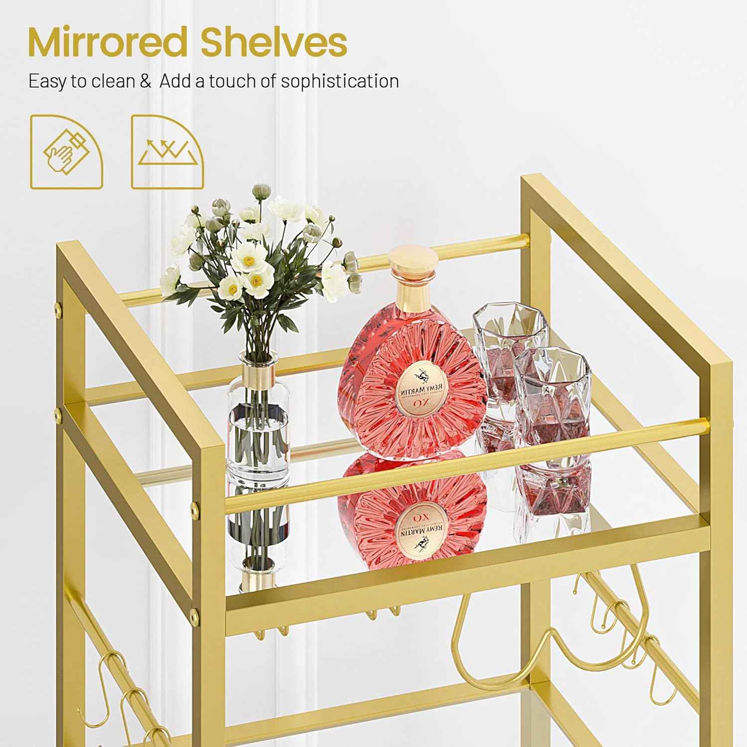 Bar Cart, Serving Cart for Home, Microwave Cart, Drink Cart, Mobile Kitchen Shelf with Wine Rack and Glass Holder, Rolling Beverage Cart for Dining Room, Gold