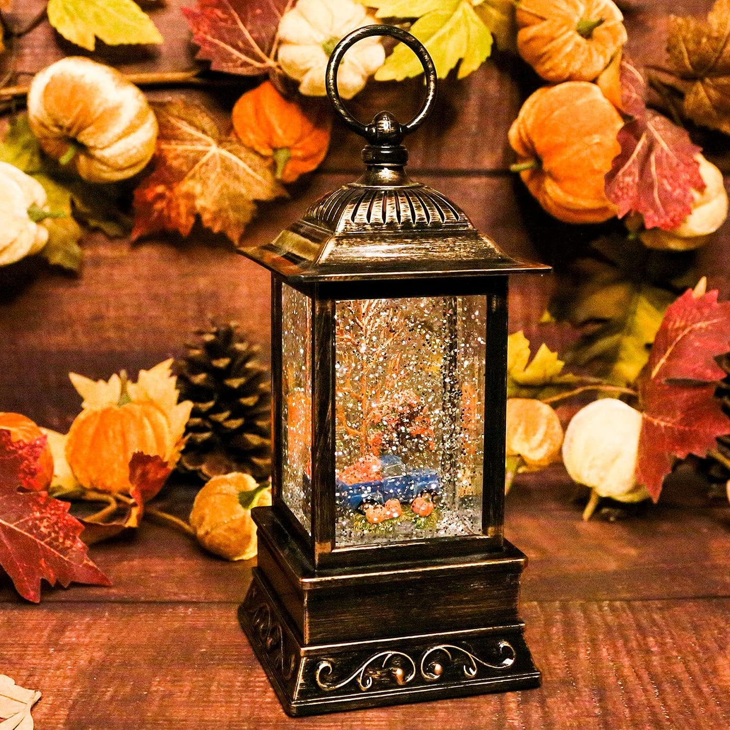 Fall Snow Globe Lantern, Thanksgiving Lighted Lantern, Swirling Glitter Snow Globe for Fall Harvest Day Decorations, Home Fall Decor, Halloween (Truck&Pumpkins)