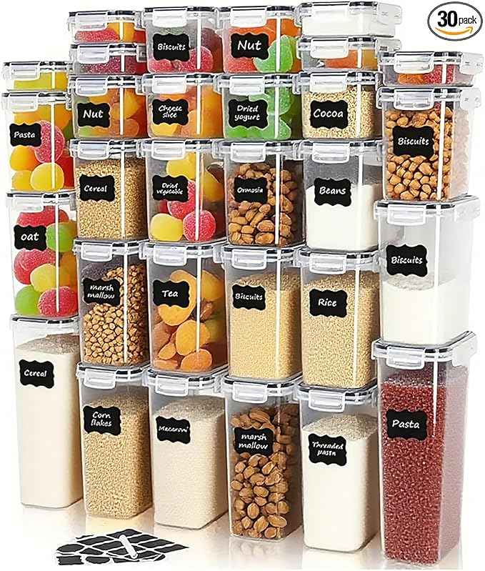 30 PCS Airtight Food Storage Containers with Lids, BPA Free Clear Plastic Kitchen and Pantry Organization and Storage Set for Flour, Sugar, Cereal, Pasta, Includes 30 Labels and Marker