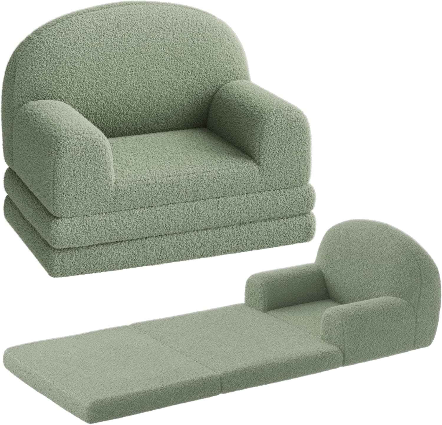 GarveeHome Kids Couch, 2-in-1 Comfy Toddler Couch Fold Out, Convertible Sofa to Lounger Foam Kids Chair with Soft Sherpa, Gift for Girls and Boys (Green Moon)