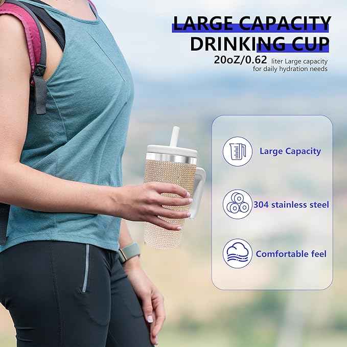 20-OZ Insulated Water Bottle,Insulated Stainless Steel Tumbler,Reusable Cold Drink Thermos,BPA-Free, Double-Wall Stainless Steel Water Bottle (White-Diamond, 20, Fluid Ounces)