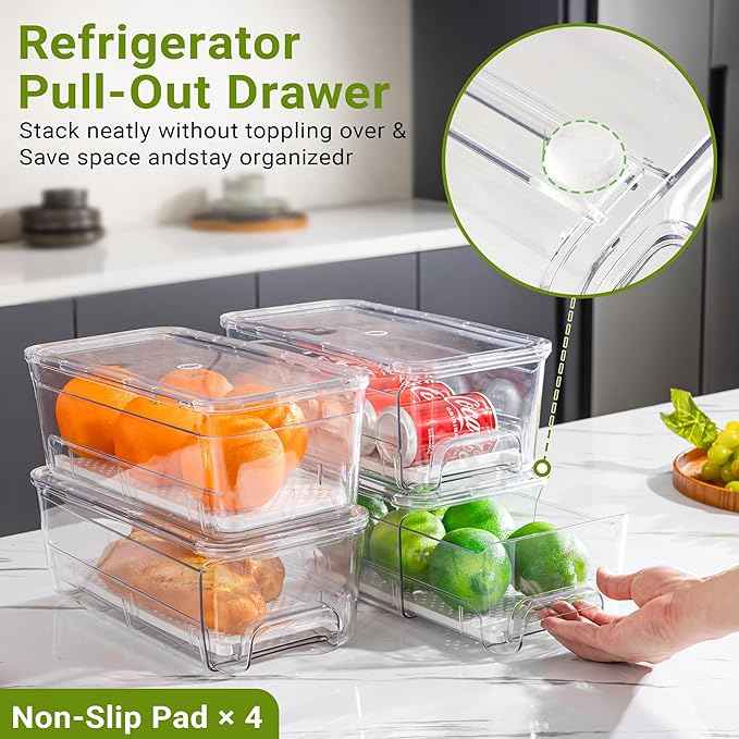 Imncya 4 Pack Fridge Organizer Drawers Bins, Clear Stackable Pull Out Refrigerator Drawer Organizer, Fridge Storage Container with Lids for Fruits, Vegetables, Drinks and Food