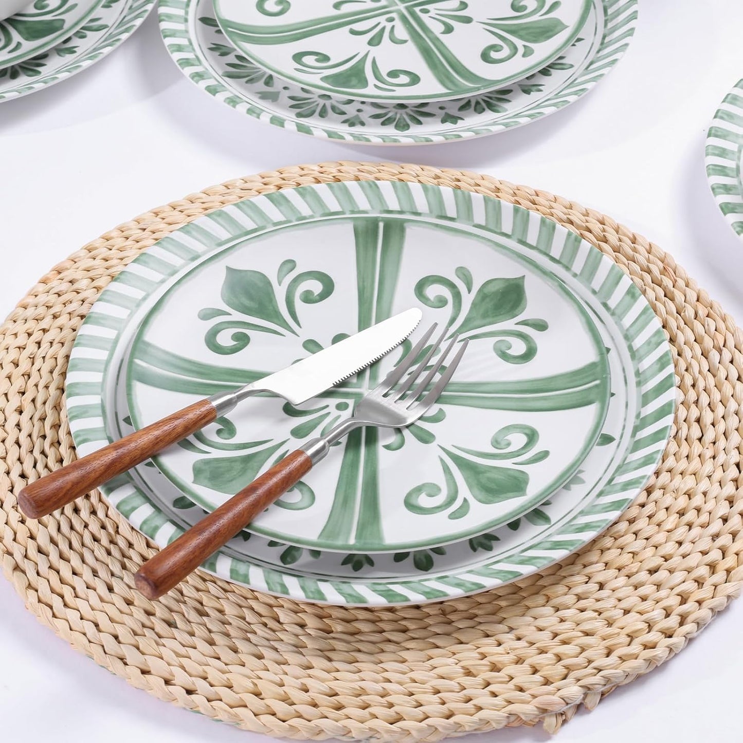 Melamine Dinnerware Sets, Dinnerware Sets for 4, 12Pcs Plates and Bowls Sets, Green Floral Embossed Design Dish Set for Indoor and Outdoor Use