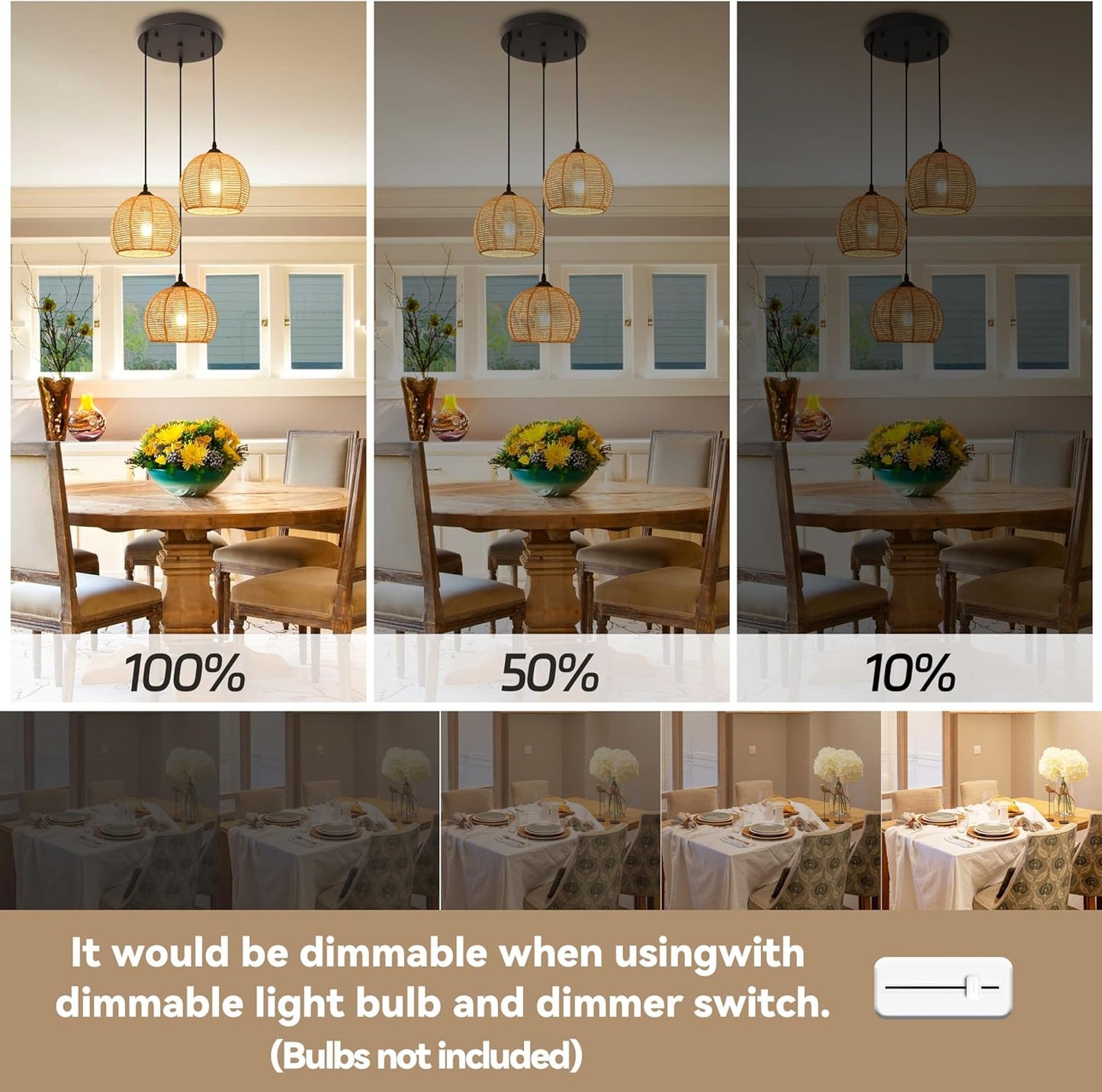 3-Light Mini Hemp Rope Woven Pendant Light Kitchen Island,3 Dome Hand Woven Boho Rattan Chandelier Farmhouse Wicker Ceiling Light,rustic Light Fixture For Living Room Hallway Dining Room(Bulb Incl.