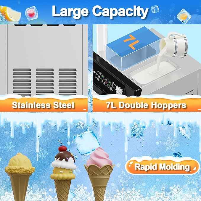Commercial 2+1 Flavor Soft Ice Cream Machine, 5.8 to 8 gal Per Hour Soft Serve, 2200W Stainless Steel Vertical Ice Cream Maker with Self-Cleaning, High Productivity, Perfect for Home and Snack Bar