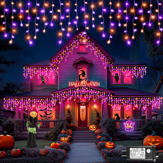 Halloween Icicle Lights, 66FT 640 LED Purple & Orange Icicle Lights for Outside with 8 Modes 120 Drops, Waterproof Plug in String Light for Indoor Outdoor House Yard Patio Party Holiday Decorations