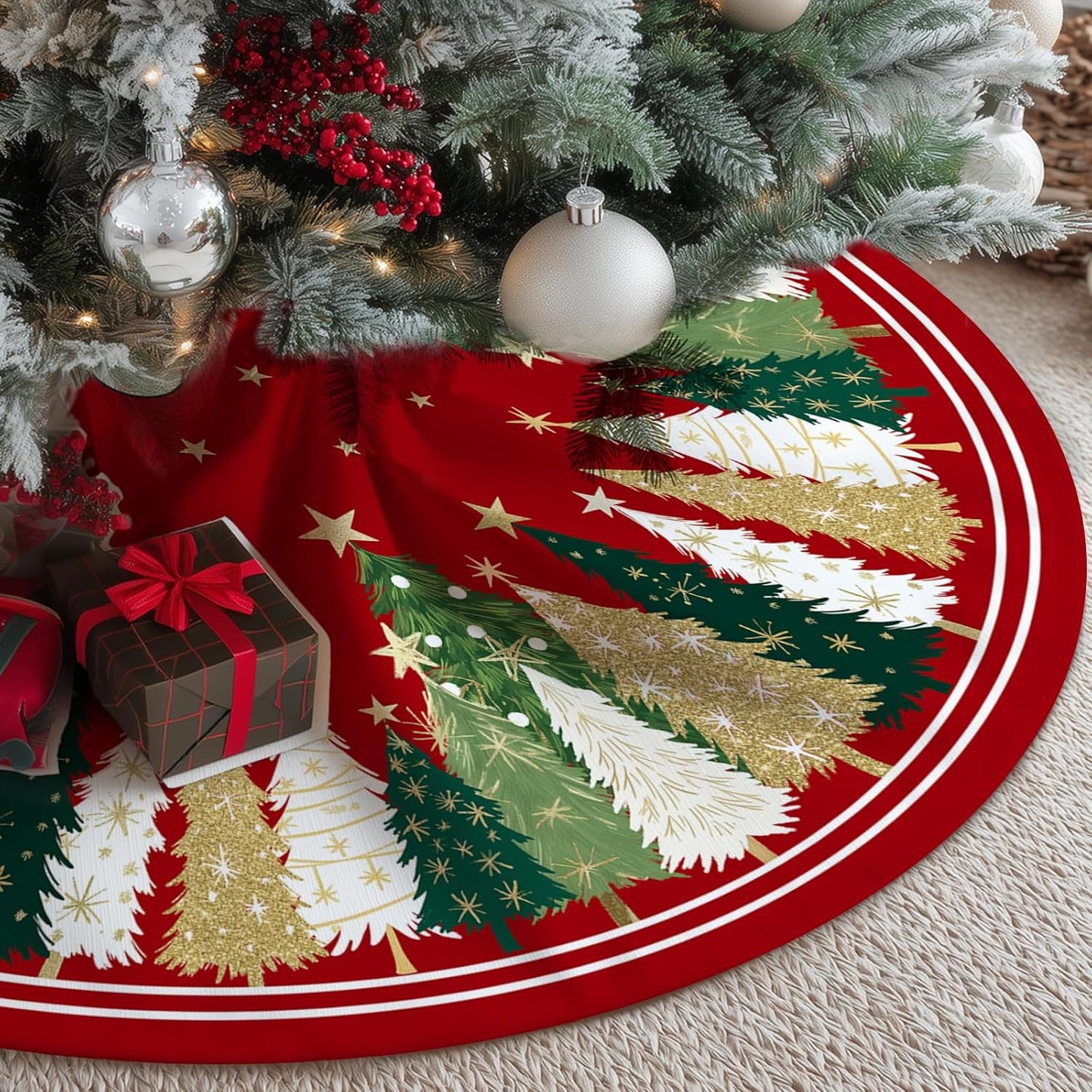 CROWNED BEAUTY Merry Christmas Tree Skirt 48 Inch, Red & Green | Premium soft fabric tree skirt. Features pine trees in red and green for a rustic farmhouse xmas holiday decor.