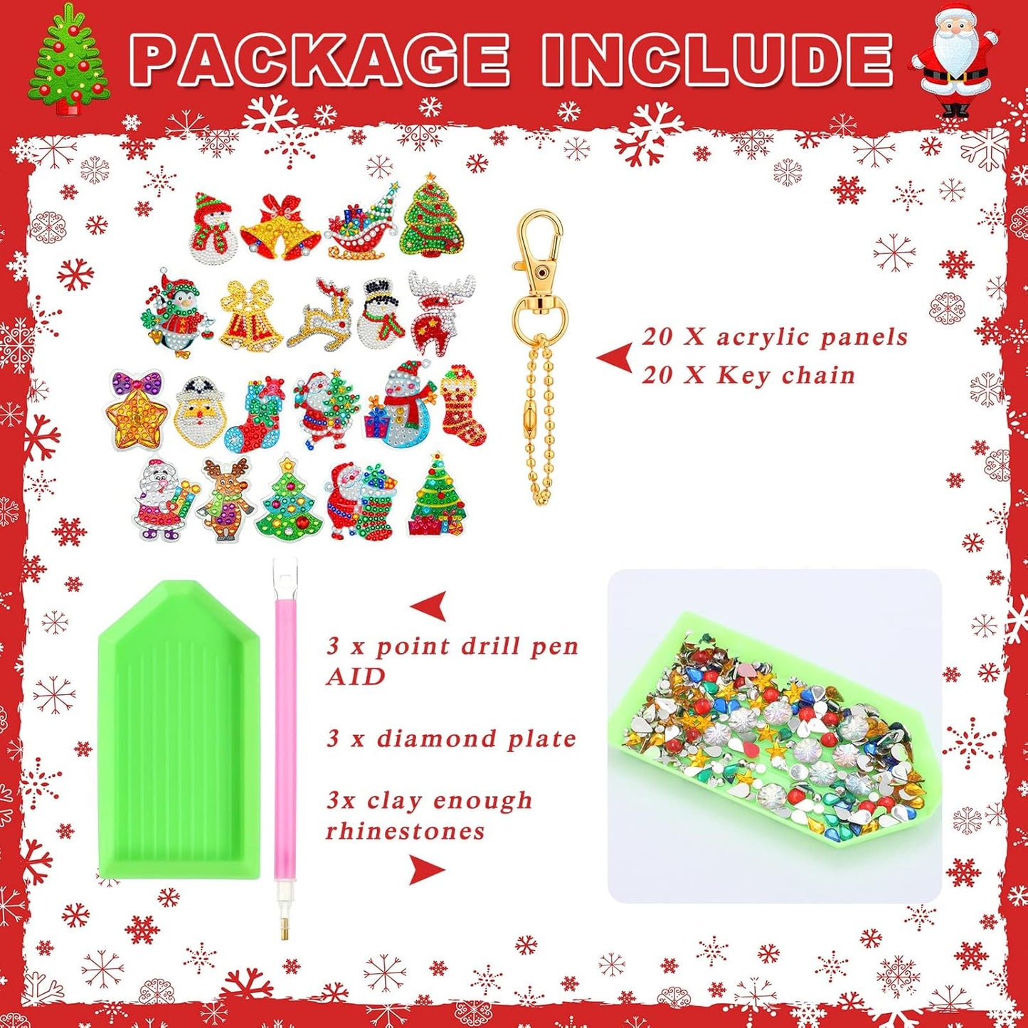 Chuangdi 20 Pieces Christmas Diamond Painting Ornaments Christmas Tree Diamond Art Kits 5d Double Sided Santa Snowman Keychain Keyring DIY Pendant Xmas Party Decor