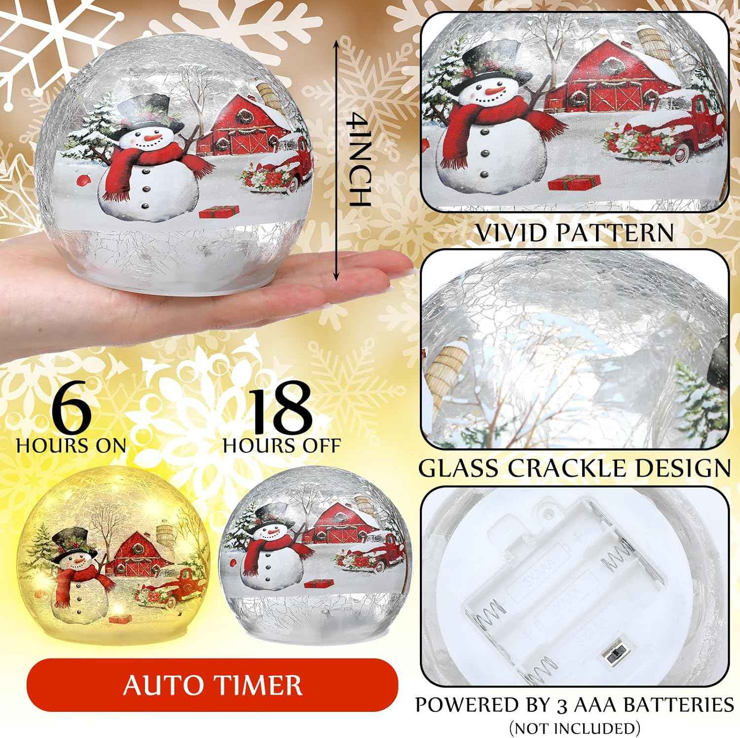 Tujoe 2 Pcs Christmas Decorations Indoor Snowman Crackle Glass Globe 4" Ball Lamp Night Lights with LED Timer Battery Operated Lighted Christmas Table Decorations for Home Centerpiece Party Gift