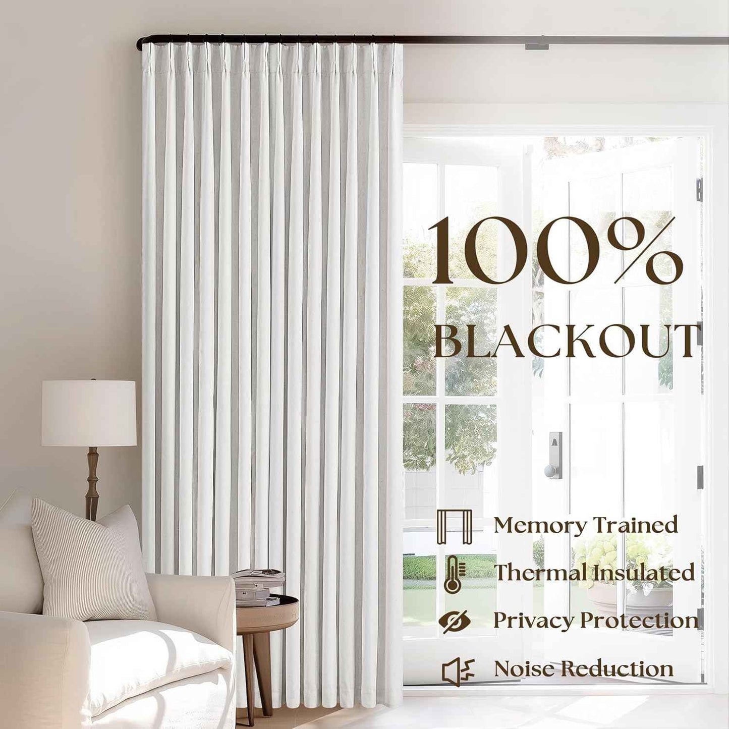 Beige White Pinch Pleated Full Blackout Curtains 2 Panels Set Linen Room Darkening 100% Black Out Window Curtains 96 Inch for Living Room Bedroom Thermal Insulated Pinch Pleat Drapes with Hooks Rings