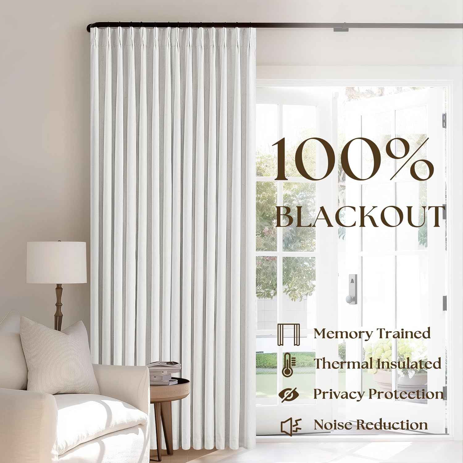 Beige White Pinch Pleated Full Blackout Curtains 2 Panels Set Linen Room Darkening 100% Black Out Window Curtains 96 Inch for Living Room Bedroom Thermal Insulated Pinch Pleat Drapes with Hooks Rings