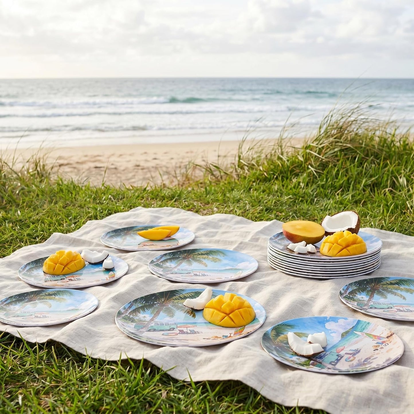 10.5 Inch Melamine Plates Set of 12 – Lightweight & Unbreakable Dinner Plates, Chip Resistant & Dishwasher Safe, Summer Beach Design for Indoor and Outdoor Use
