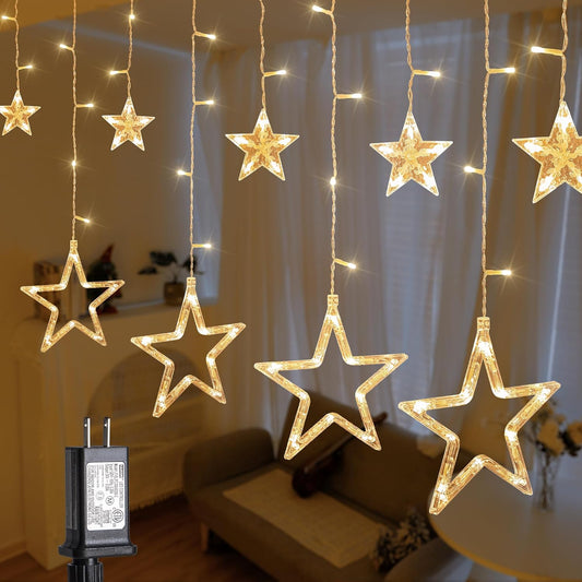 126L Warm White Star Icicle Lights, 8.2FT Clear Curtain Fairy String with Connectable, Timer 8 Modes Memory, Waterproof Hanging for Christmas,Ramadan,Party,Wedding Indoor Outdoor Decorations
