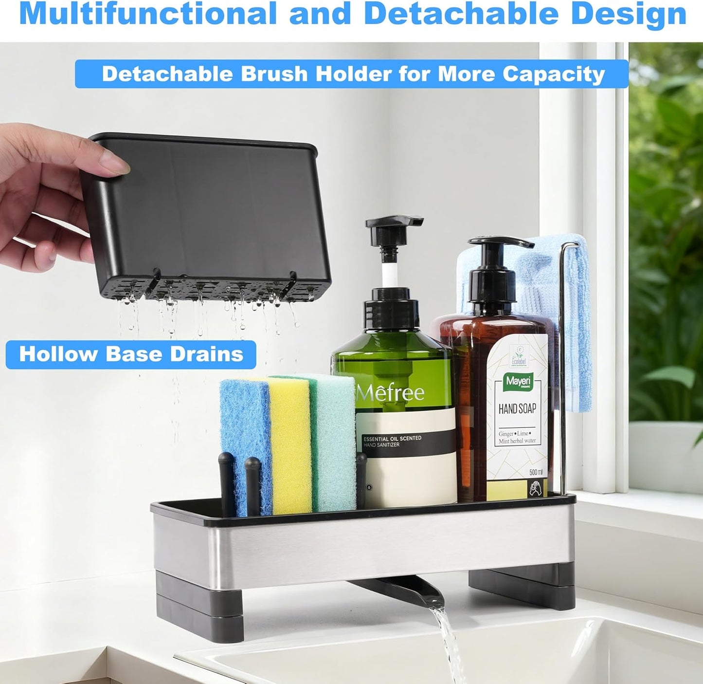 Kitchen Sink Caddy Organizer, Stainless Steel Sponge Holder, Kitchen Caddy Sink Organizer with Dish Brush Holder and Dishcloth Rack, Rustproof Dish Sponge Drying Rack for Countertop Storage
