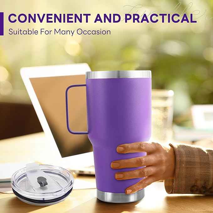 30 oz Tumbler With Handle, Double Wall Stainless Steel Vacuum Insulated Travel Mug with Splash-Proof Lid Metal Straw and Brush (Purple)