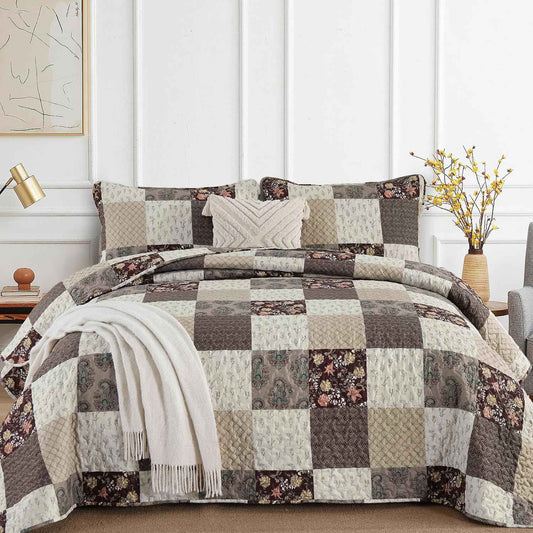 Xruibed Floral Plaid Patchwork Fall Quilt Set Queen Size 3 Pieces Taupe Beige Khaki Bedspread Set Reversible Quilt Bedding Set Microfiber Bedding Bedspread Coverlet Set for All Season(Queen 96"x90")