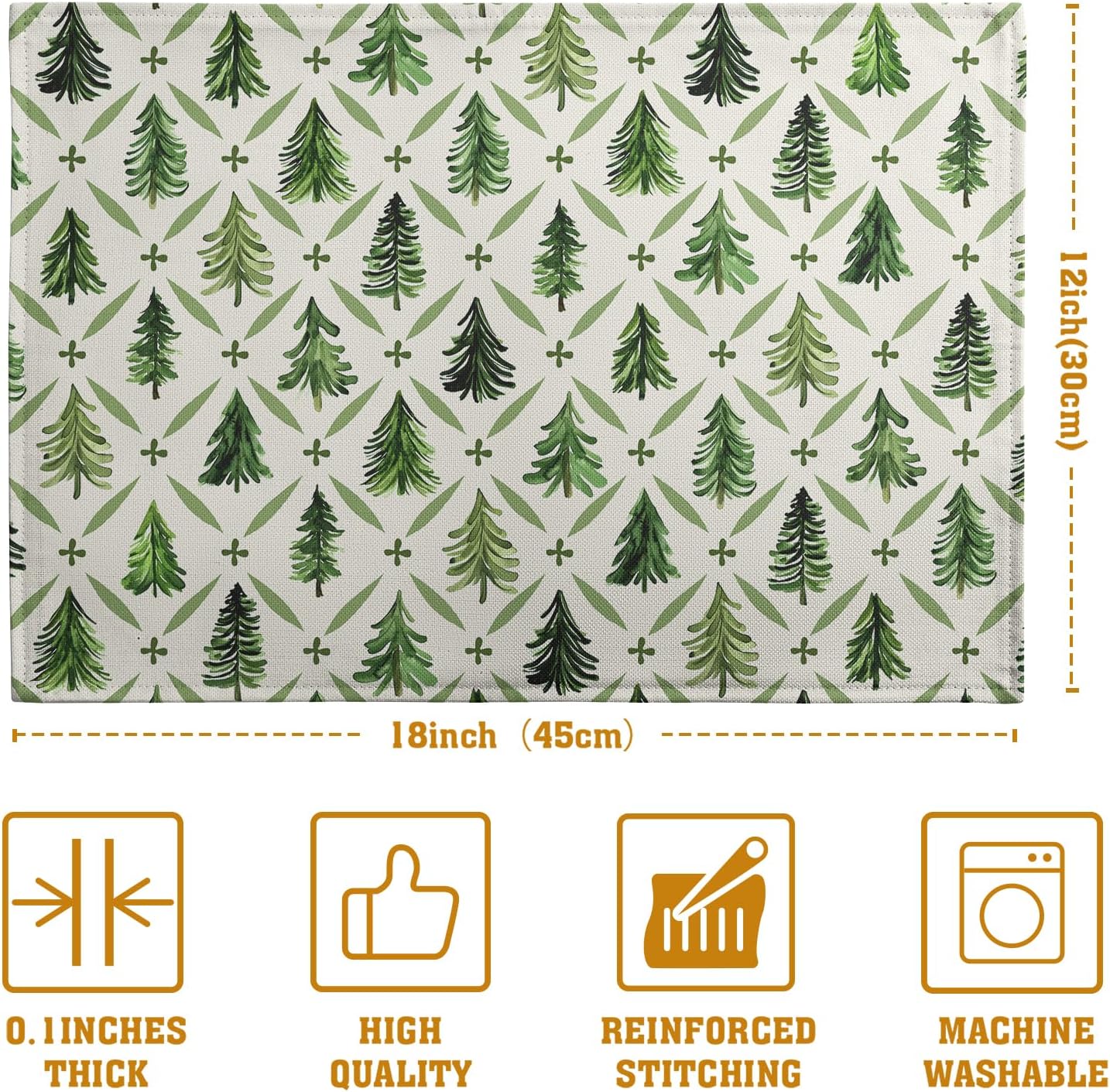 Sage Green Pine Tree Christmas Placemats Set of 4 Xmas Farmhouse Rustic Style Print Place Mat Seasonal Winter Holiday Linen Table Mats for Indoor Outdoor Kitchen Dining Party Decor