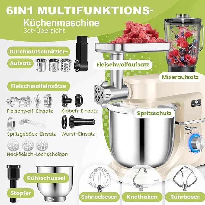 KESSER® K-KM 3000 Universal 3-in-1 Food Processor with Meat Grinder, Kneader | Multi-Function Blender | 1.5L Juice Extractor, Sausage Kit, Pasta and Biscuit Moulds, Cream