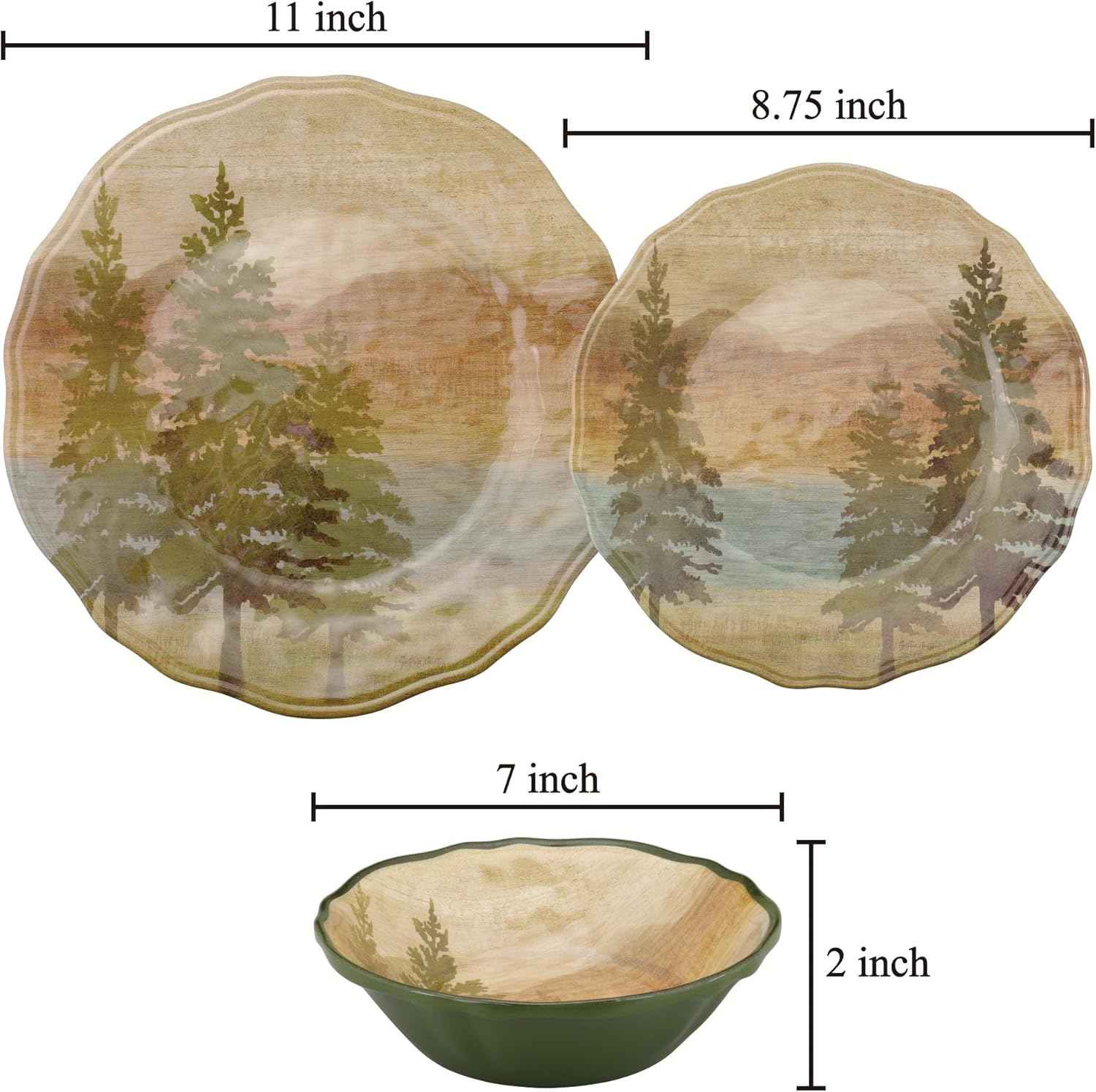 UPware 12 Piece Lakeside Pine Melamine Dinnerware Sets, Outdoor Dishes Set, Plates and Bowls Sets, Service for 4, Beige