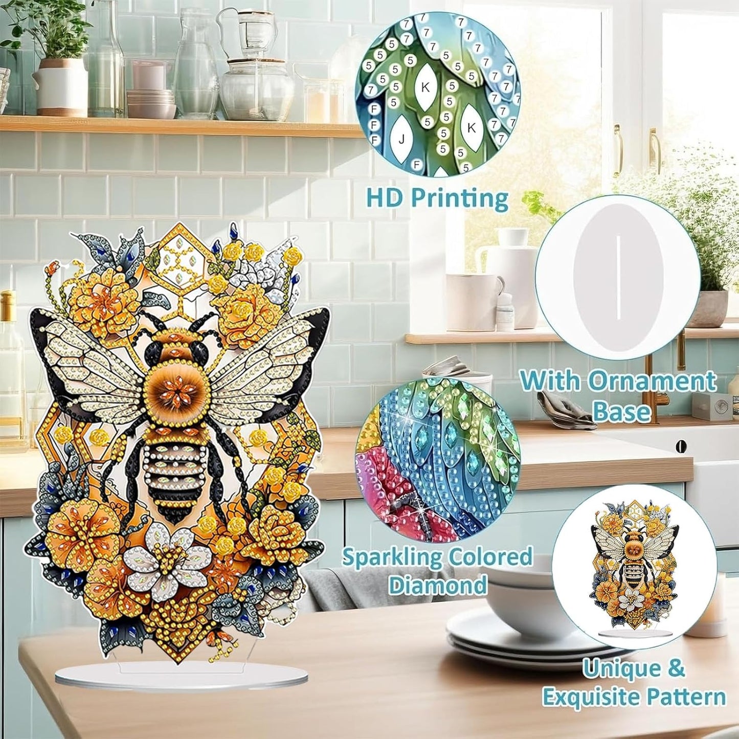 Diamond Painting Kits for Adults Beginners, 5D Full Drill Bee Crystal Art Desktop Ornament, DIY Single Sided Home Office Desk Decor, Creative Craft Gift Set with Tools