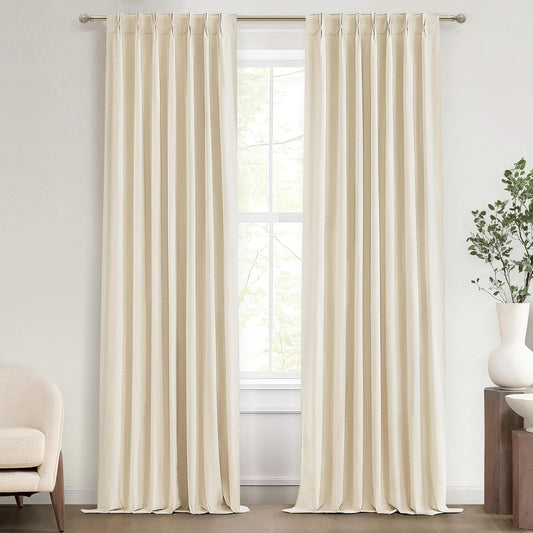 Textured Linen 96 Inch Blackout Curtains, Pinch Pleated/Back Tab Drop Cloth Curtains to Cover Closet Farmhouse Draft Blocking Block Out Cottage Window Drapes 2 Panels 8 FT Tall Beige Cream